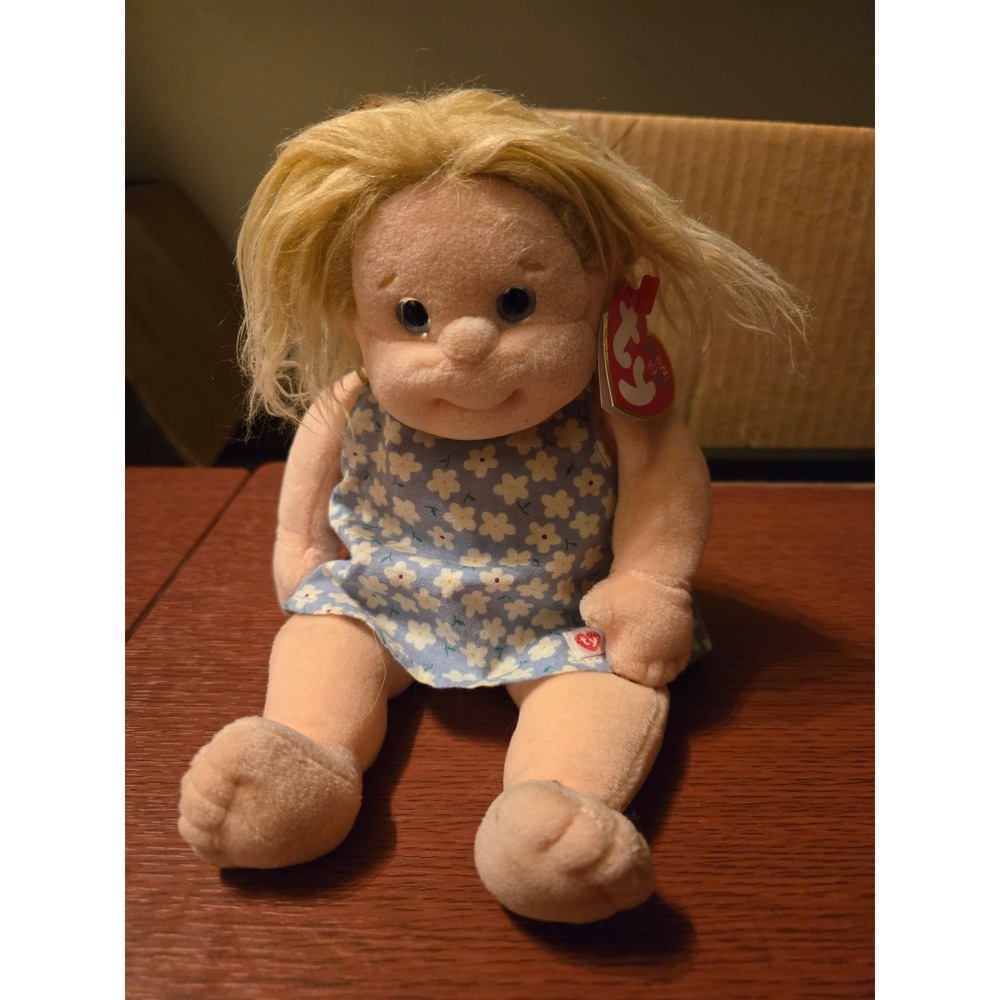Ty Beanie Kids Ginger Plush Doll Blonde Hair Blue Floral Dress Vintage 1994 10"